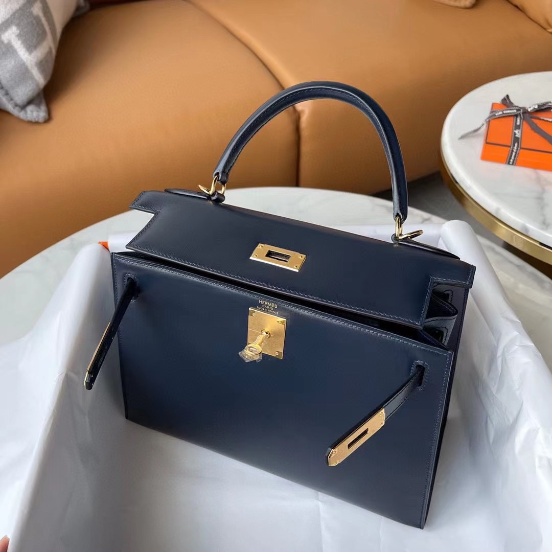 Herm¨¨s Kelly Sellier 28 Blue Nuit Box Leather Gold Hardware - Image 8